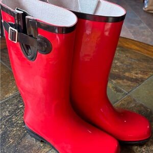 Red Rain Boots with Buckle Detail